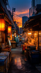 Obraz premium AI generator images of Areas with small restaurants and bars, similar to the drinking districts near train stations, are often filled with the smoke from grilling yakitori and warm glow of red papper