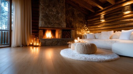 Fototapeta premium A rustic wooden cabin exudes warmth and coziness with its inviting fireplace, soft furnishings, and ambient lighting that creates a perfect retreat for relaxation.
