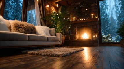Fototapeta premium A beautifully styled living room at night, with a glowing fireplace, comfortable furnishings, and warm lighting, creating an inviting atmosphere perfect for relaxation and gatherings.