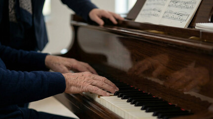Obraz premium Close up side view of wrinkled senior male hands playing melody on wooden brown piano keys