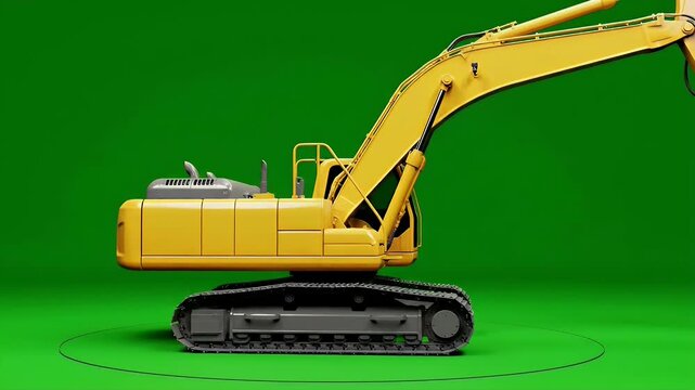 Large Yellow Excavator Rotating on Green Screen Background for Construction and Industrial Projects.
