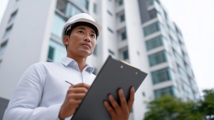 Fototapeta premium Asian man wearing hard hat taking notes on clipboard outdoors 