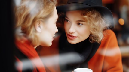 Fototapeta premium Two young women chatting and smiling over coffee indoors 