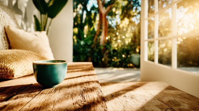 A beautiful green coffee cup sits on a rustic wooden table, illuminated by sunlight, capturing a moment of tranquility and warmth ideal for morning rituals or thoughtful pauses.