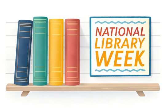 Simple illustration depicting colorful row of books standing upright next to a sign celebrating national library week on a light wooden shelf against a white background signifying knowledge promotion 