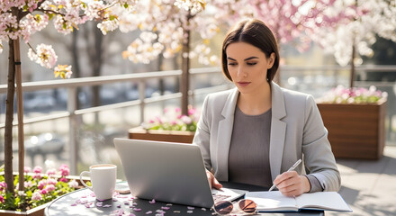 Businesswoman working on laptop and taking notes in blooming garden  