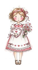 Fototapeta premium Charming Valentines Day Doll with Heart and Flowers Illustration.