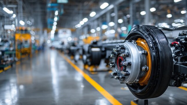 Close-up of a vehicle axle assembly on an automated production line in a modern automotive manufacturing factory