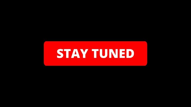 Stay tuned button animation with smooth color transition from white to red. Clean rounded rectangle motion graphic for announcements and promos in 4K with transparent alpha background. alpha channel
