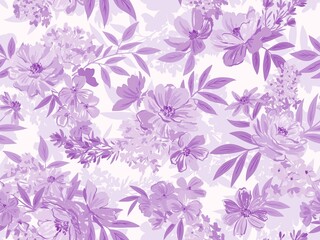 Hand painted pastel style floral seamless pattern with purple peonies and wild flowers for fabric and home decor.   © Sawango