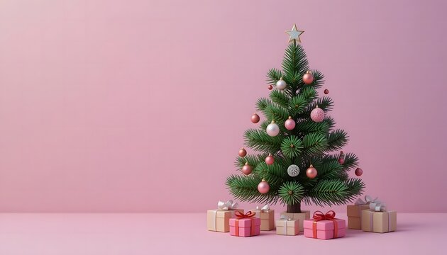 decorated christmas tree with gift boxes in front of pink background