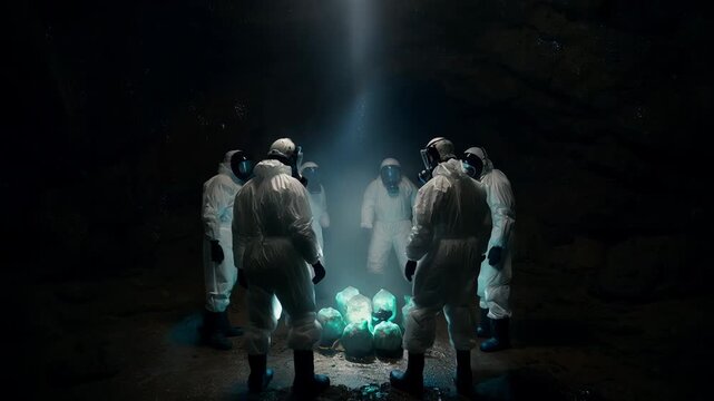 Group of people in protective hazmat suits standing in dark smoky room with mysterious blue light from above. Oppressive atmosphere of post apocalyptic uncertainty