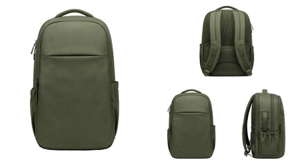 Naklejka premium Collection of modern olive travel bag angles including profile straps and padded back isolated