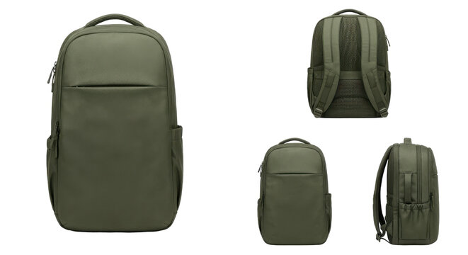 Collection of modern olive travel bag angles including profile straps and padded back isolated