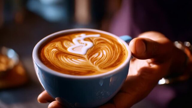 Artful Barista Creating a Beautiful Latte with Intricate Milk Foam Design in a Cozy Caf&eacute; Setting, Highlighting the Craft of Latte Art in Coffee Culture