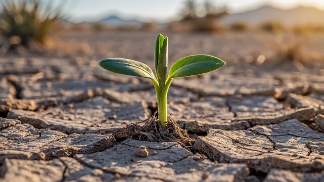 Small green sprout emerging from dry cracked earth in harsh desert landscape video 4k 