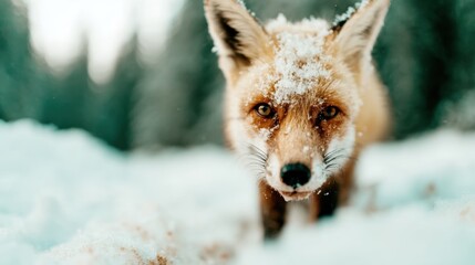Obraz premium A curious fox explores its snowy environment, capturing the raw beauty of nature in winter, showcasing its striking features as it navigates through the serene white landscape.