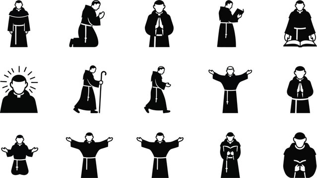 Priest and monk vector icons set praying and preaching with holy halo