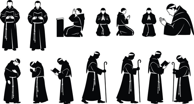 Monk silhouettes vector collection praying reading and walking in robes