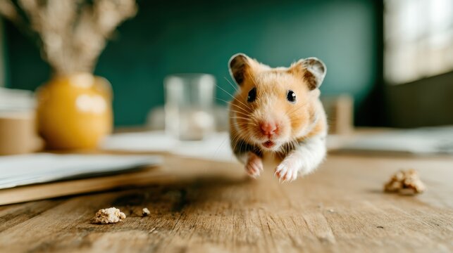 An adorable hamster appears to be joyously leaping amidst a rustic table setting, showcasing its playful nature, evoking warmth and cuteness in a home environment.