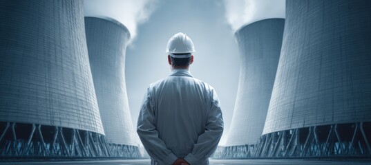 Fototapeta premium Chemist scientist at nuclear power plant cooling tower. Generative AI technology.