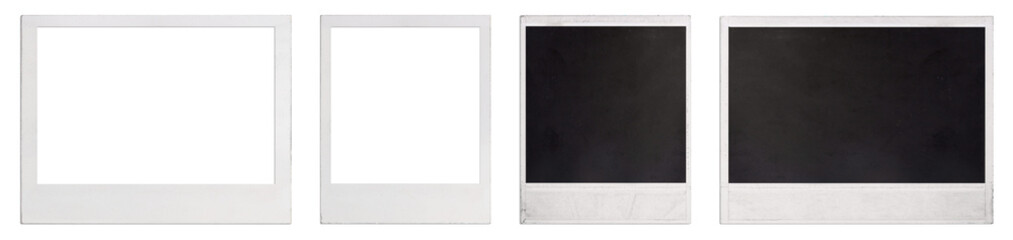 Naklejka premium A set of close-up empty Polaroid photo frames in two sizes: standard and family photos from both sides. With worn sides. Isolated on a transparent background. With transparent shadow. PNG