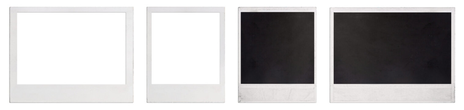 A set of close-up empty Polaroid photo frames in two sizes: standard and family photos from both sides. With worn sides. Isolated on a transparent background. With transparent shadow. PNG