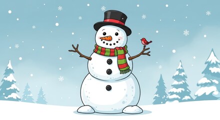 Fototapeta premium Cheerful snowman with a bird in a winter landscape illustration.