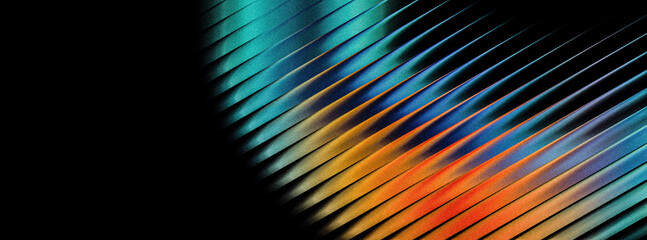 Grainy abstract vibrant colorful diagonal lines pattern with gradient hues of blue, orange, and teal on a dark background creating a dynamic and visually striking design © Rahman