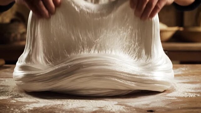 Close-up of skilled hands stretching elastic white dough on a floured wooden surface, showcasing the perfect texture for baking homemade bread or p...