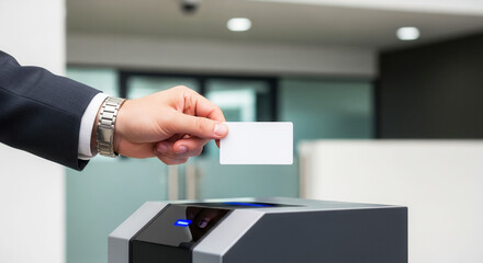 Caucasian male hand presenting blank white RFID card at corporate checkpoint, smart access and secure entry in workplace