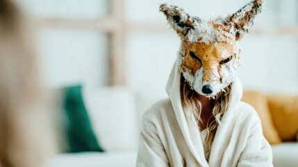 Obraz premium A figure wearing a whimsical fox mask sits comfortably in a modern living space, blending elements of fantasy and reality against a relaxed home backdrop.