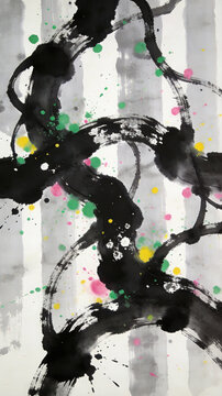 Ink-brush Strokes with Green, Pink, and Yellow Splatters on Gradient Ink-wash Background: A Fusion of Traditional Aesthetics and Modern Art Elements