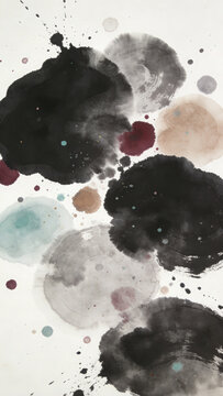 Abstract Ink Painting with Deep and Light Blotches, Colorful Dot Accents, and Soft Background