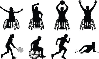 Adaptive sports athlete silhouettes including wheelchair basketball, tennis and running actions isolated background for inclusive sports design and fitness concept © Frd Art