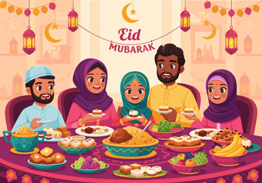 Muslim Family Enjoying Traditional Eid Feast