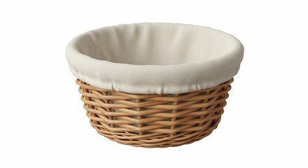 Wicker Basket with Linen Liner on White.