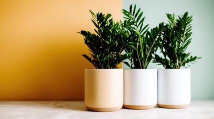 Obraz premium Three indoor plants in stylish pots are arranged against a vibrant backdrop, bringing a burst of greenery and color to any interior space with their cheerful aesthetic.