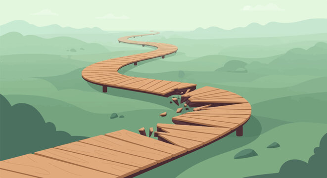 A broken wooden walkway winds through a misty, green landscape