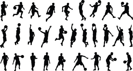 Basketball player silhouette action set showing dribbling shooting passing jumping movement isolated on white background sports training fitness illustration © Frd Art