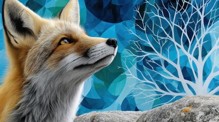 Obraz premium A stunning artistic portrait of a fox against a beautiful abstract backdrop, blending realism and creativity to evoke curiosity and wonder.