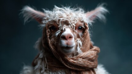 Obraz premium A beautifully styled alpaca gazes into the camera wearing a fashionable scarf, capturing the essence of personality and charm in this artistic and creative portrait.
