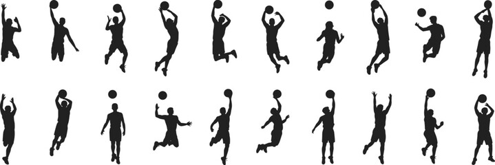 Basketball player silhouette set showing jump shot, shooting poses, ball handling actions isolated background for sports design and athletic concept © Frd Art