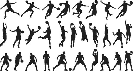 Basketball player silhouette set showing dribbling shooting passing jumping actions isolated on white background sports training competition fitness illustration © Frd Art
