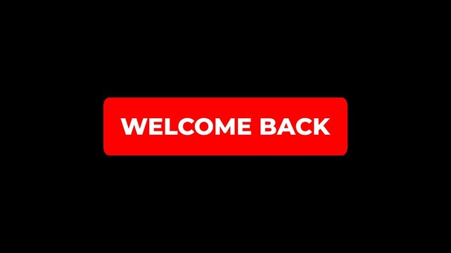 Welcome back button animation with smooth color transition from white to red. Clean rounded rectangle motion graphic for greetings, intros, and promos in 4K with transparent alpha background.