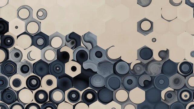 Hexagonal Industrial Pattern Motion Background. Abstract composition of varying gray and tan hexagonal shapes creating a mechanical or industrial textured surface.