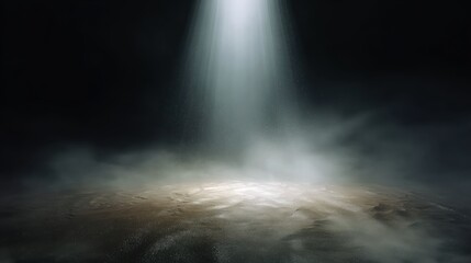 Fototapeta premium Dark room with fog and light beams, suitable for cinematic scenes, marketing materials, online content, and artistic compositions. The gray backdrop provides a neutral yet mysterious stage for product