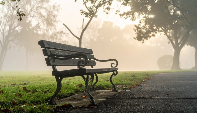 Leere Parkbank im Morgendunst