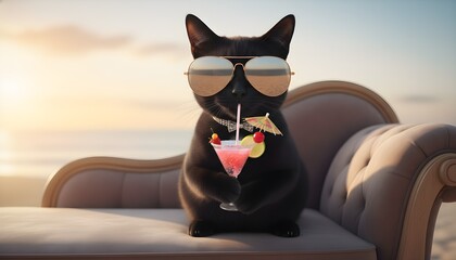A cat model wearing sunglasses on a bright background