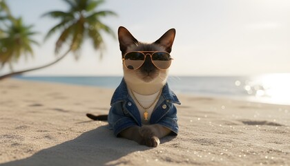 A cat model wearing sunglasses on a bright background